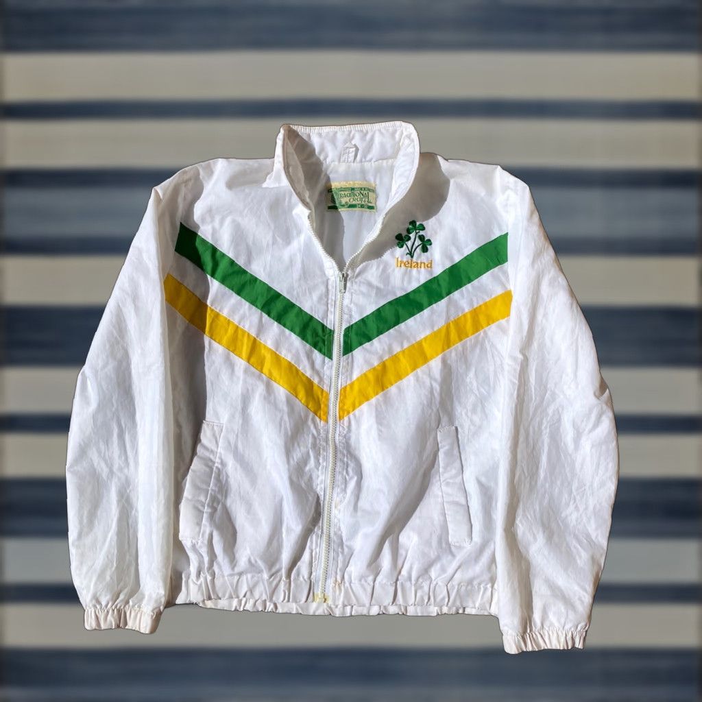 VINTAGE Ireland Windbreaker Jacket Striped Nylon Zip Logo Embroidered Green 34-36 M/L 80s Mens Jacket