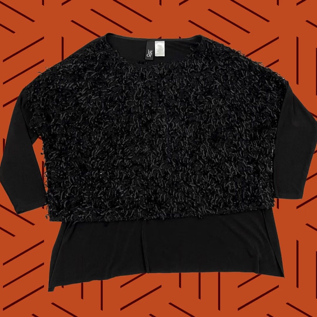 Vintage IGOR Dobranic Cecilia Tunic Blouse Womens L 46/48 Black Textured Fringe Designer Size L / US 10 / IT 46 - 1 Thumbnail
