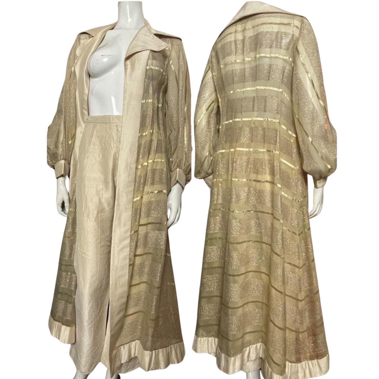 image of 1960S Vintage Hostess Lounge Coat Pantsuit Gold Silk, Women's (Size XS)