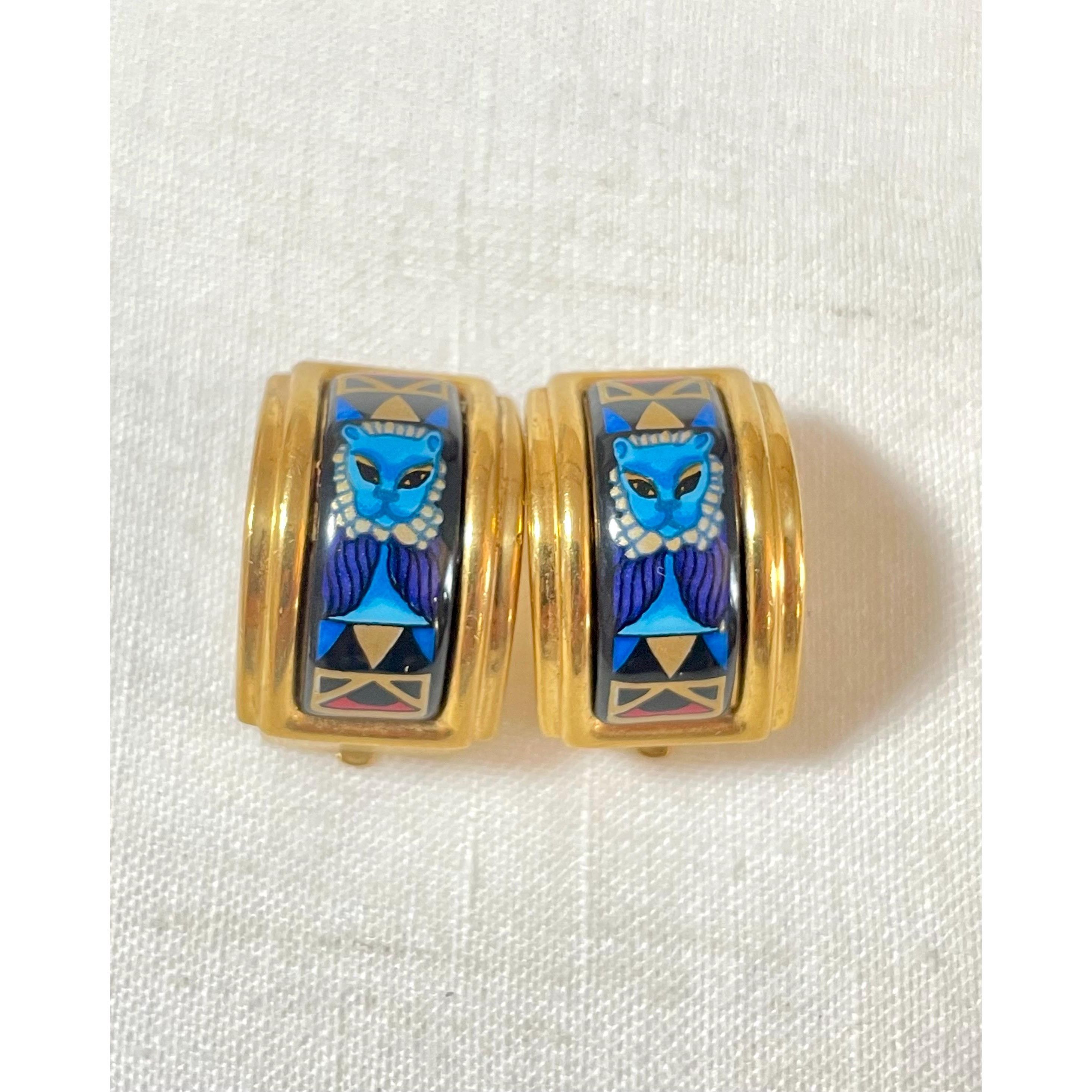 Hermes Vintage Hermes cloisonne enamel earrings with blue lion Size ONE SIZE - 7 Thumbnail