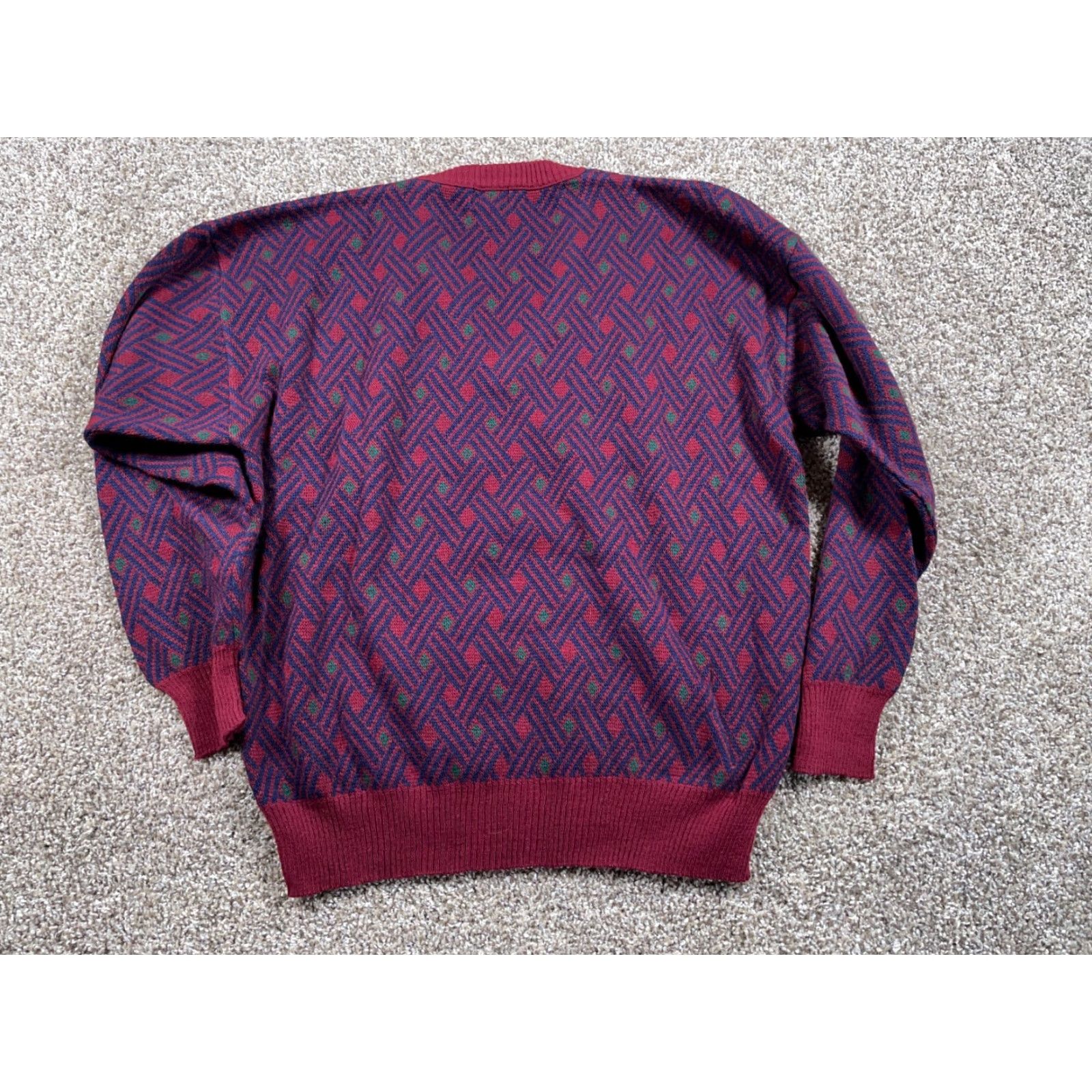 Vintage VINTAGE Sweater Diamond Pattern V-Neck Pullover Adult Large Red Knit Wool-Acrylic Blend Men’s 80s Retro Clothing Size US L / EU 52-54 / 3 - 2 Thumbnail
