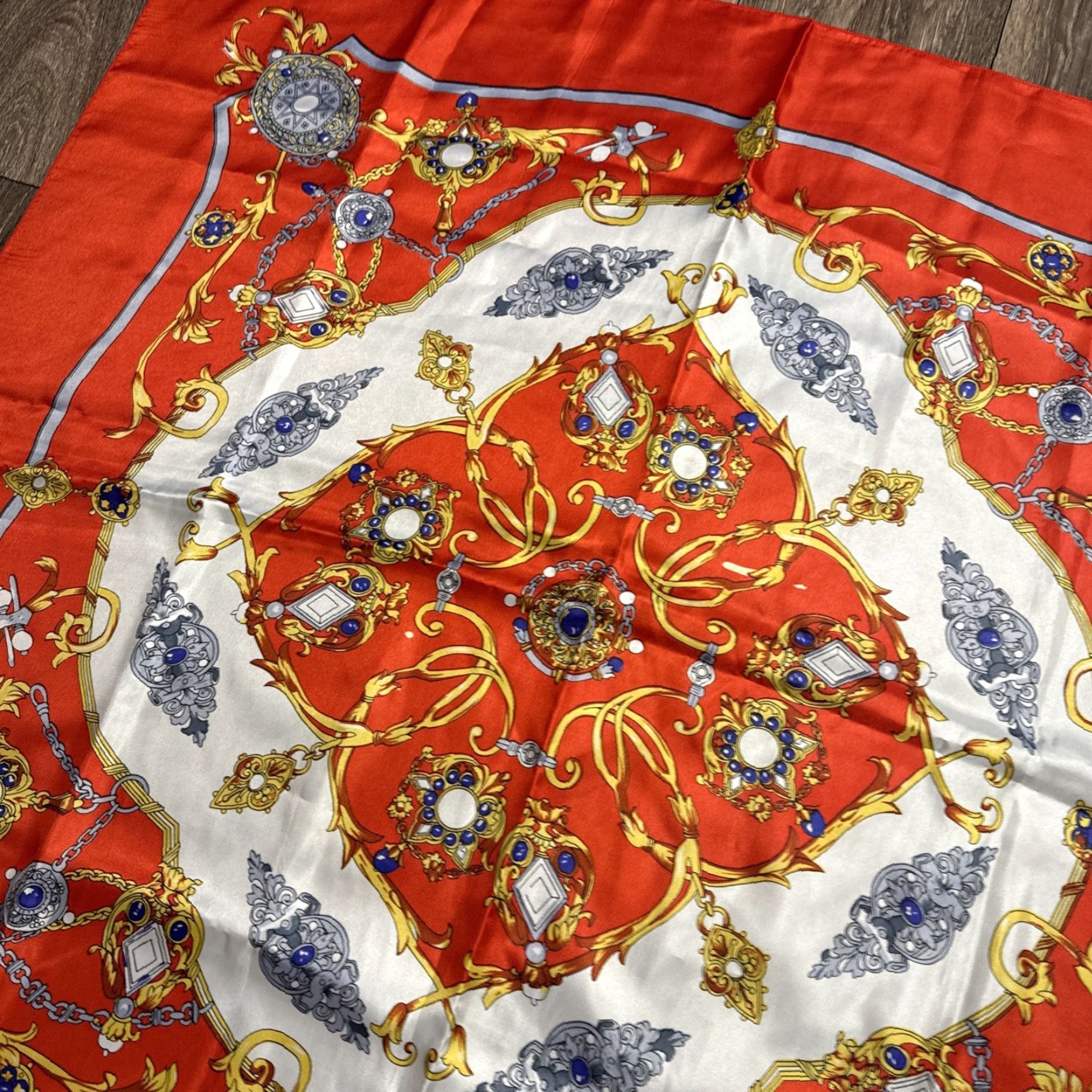 Vintage VINTAGE 90s Baroque Victorian Style Silky Red White Polyester Square Scarf Women's Red Square Scarf 33x35” Size ONE SIZE - 2 Thumbnail
