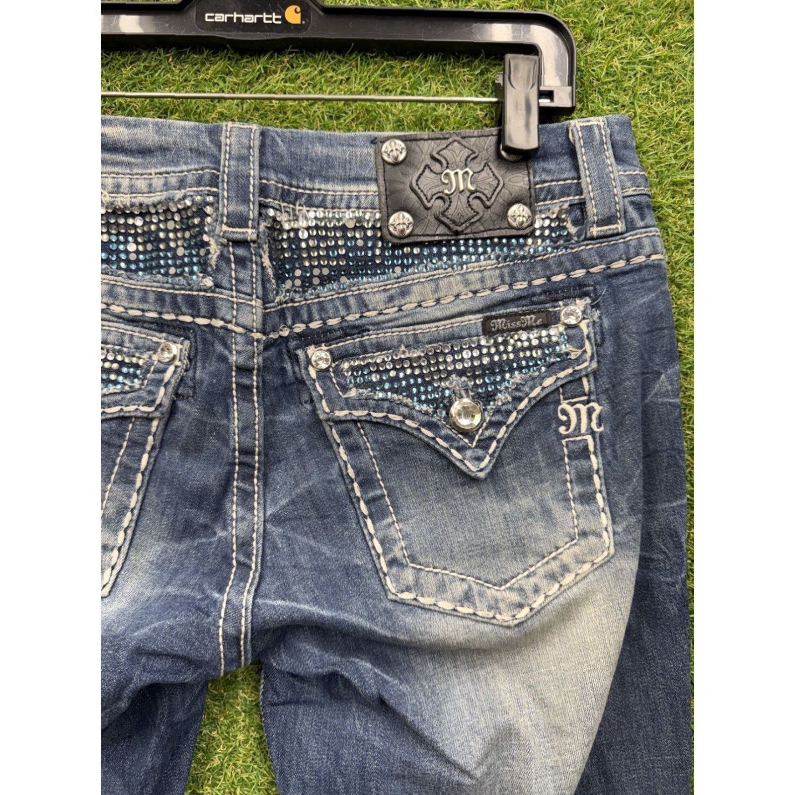 Miss Me VINTAGE Miss Me Jeans Womens 29 Blue Mid Rise Easy Boot Medium Wash Studded Buckle Bling Size 29" - 6 Thumbnail