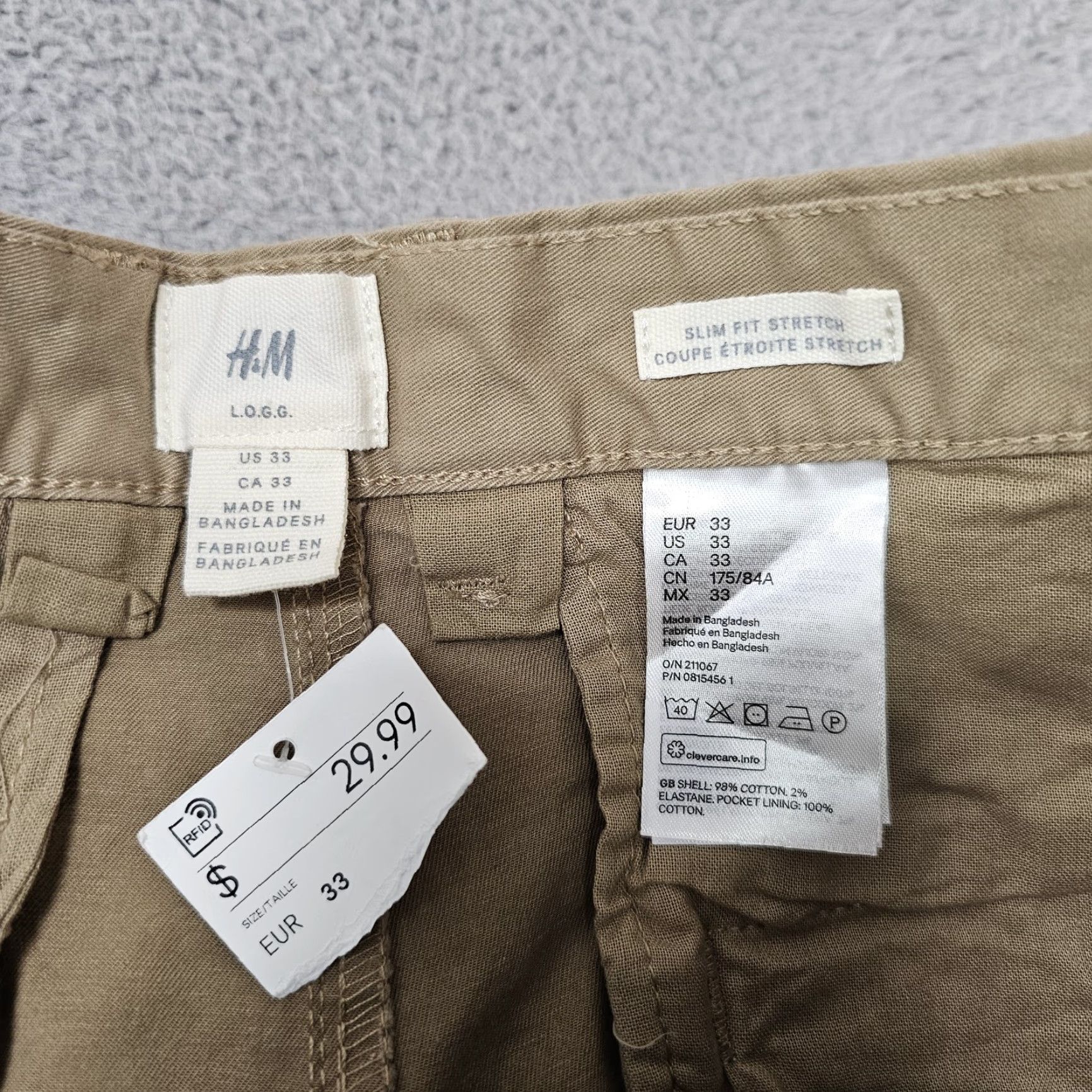 H&M H&M LOGG Pants Mens 33 Khaki Slim Fit Stretch Chino Casual Flat Front 33x30 NWT Size US 33 - 3 Thumbnail