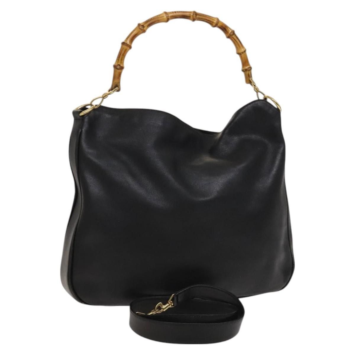 GUCCI Bamboo Handbag Leather Black Gold 001 001