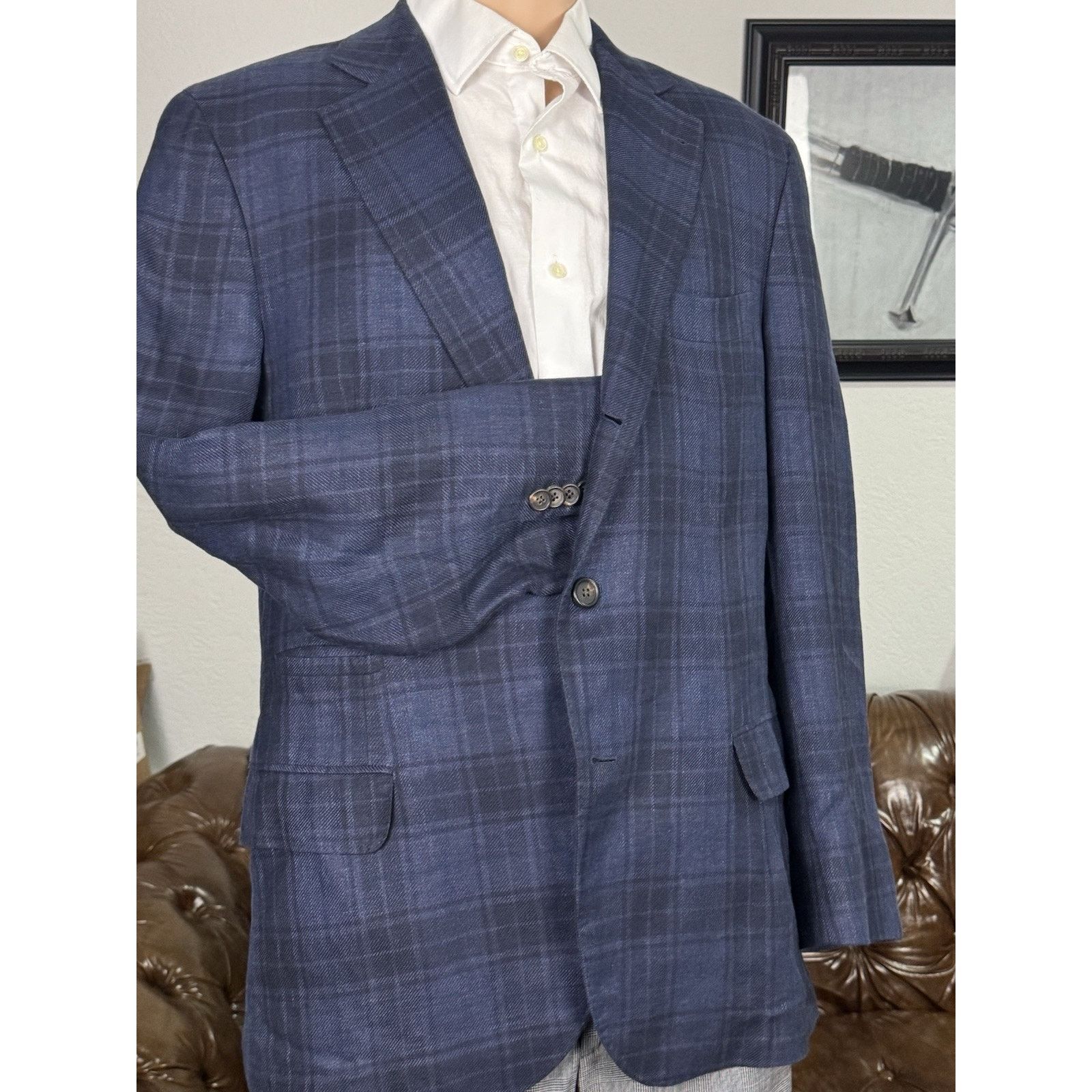 Brunello Cucinelli Brunello Cucinelli Navy Blue Plaid Sportcoat Wool 54IT/ 42 Size 42R - 2 Thumbnail