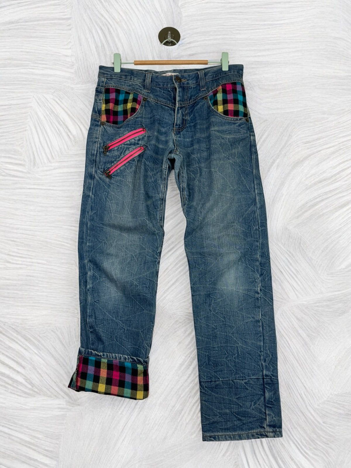 Japanese Brand COLZA DOUBLE WAIST TARTAN PLAIDS CLAWS MARK DENIM PANTS Size US 32 / EU 48 - 1 Thumbnail