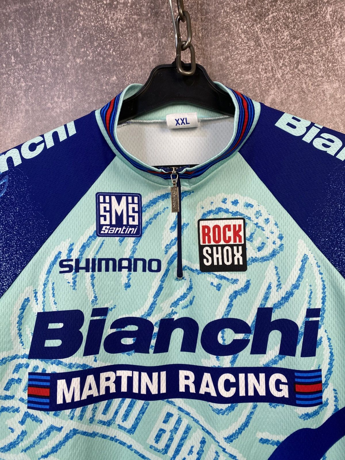 Vintage Mens SMS Santini Bianchi Shimano Cycling Jersey Shirt Zip Size US XXL / EU 58 / 5 - 3 Thumbnail
