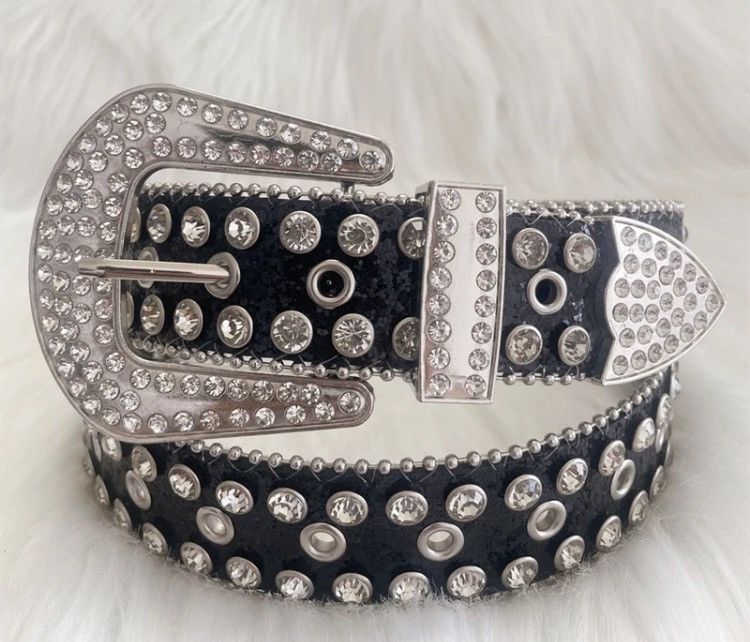 image of Black Silver Leather Strap Bling2 Rhinostone Belts, Men's