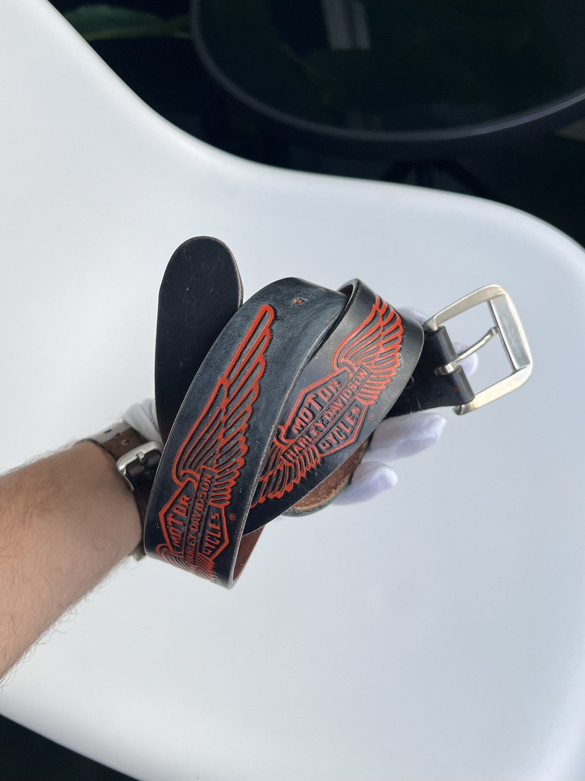 Harley Davidson Harley-Davidson Leather Belt Black Red Wings USA S Vintage Size 30 - 20 Thumbnail