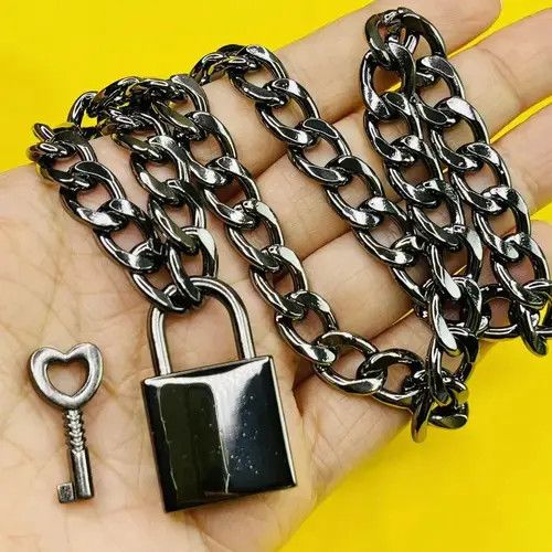 Jewelry Handmade Chunky Gunmetal Color Padlock Necklace Cuban Chain Size ONE SIZE - 3 Thumbnail