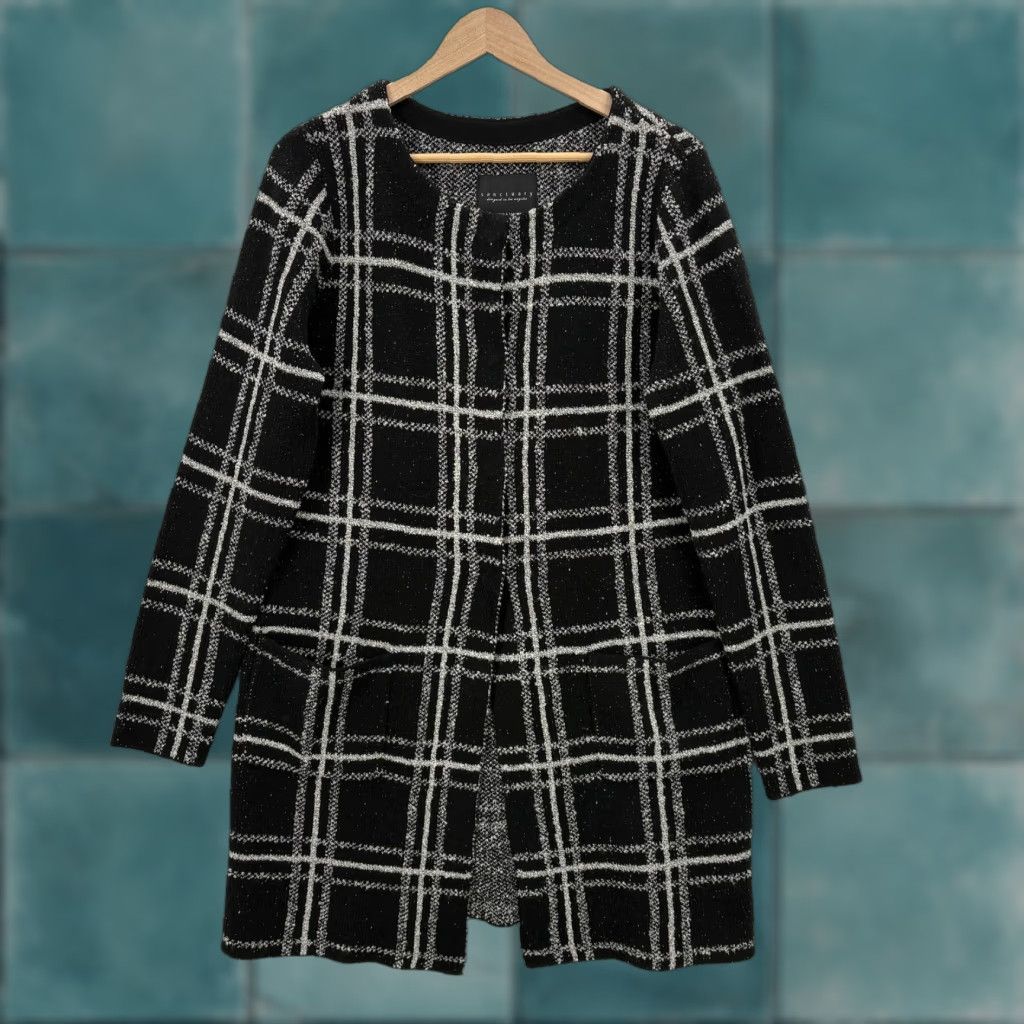 Sanctuary Sanctuary Cardigan Sweater Womens Large Black Plaid Open Front Knit Longline NWT Size L / US 10 / IT 46 - 1 Thumbnail