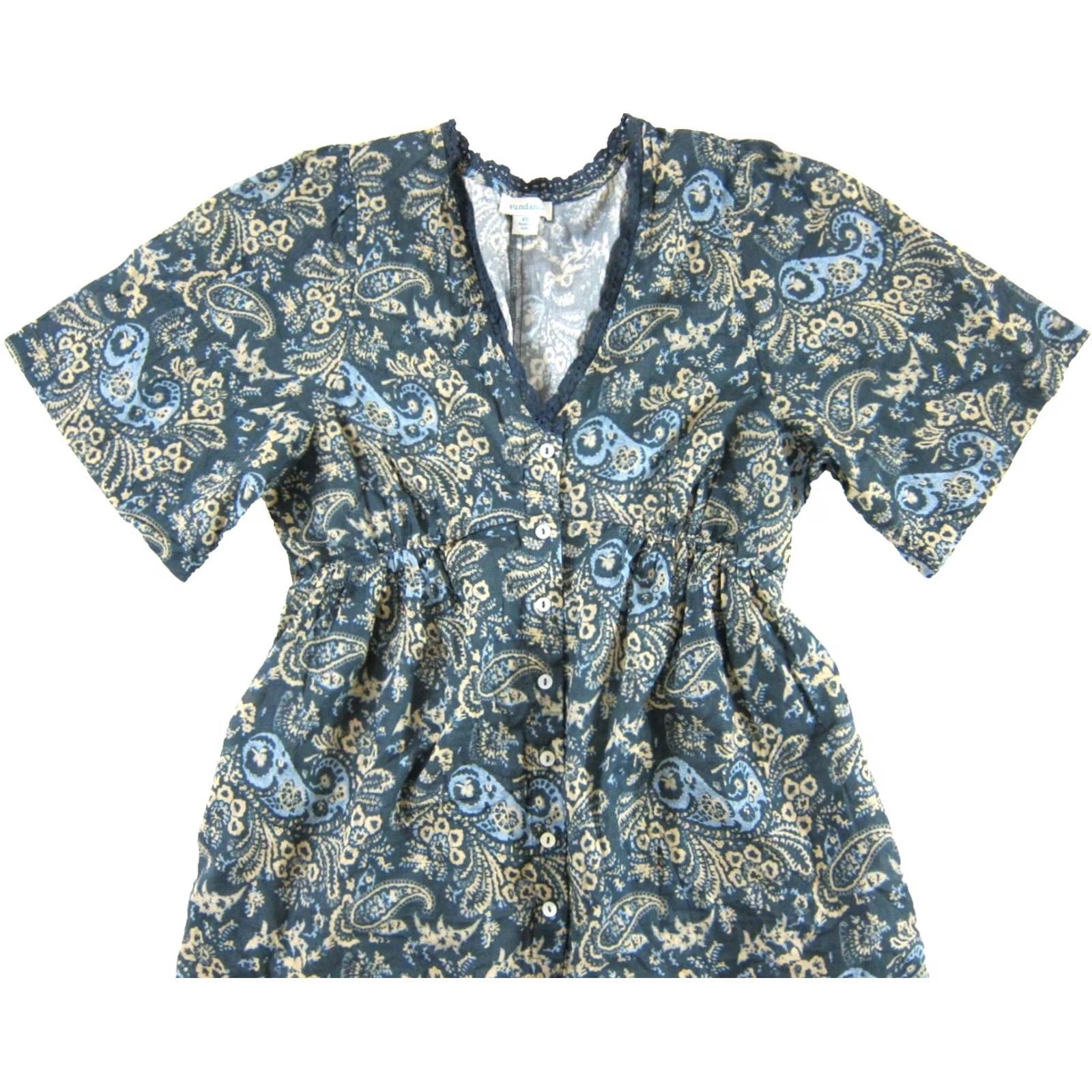 Vintage Sundance 100% Cotton Lightweight V-Neck Blue Yellow Floral Pocket Jumpsuit XS Size 26" / US 2 / IT 38 - 4 Thumbnail
