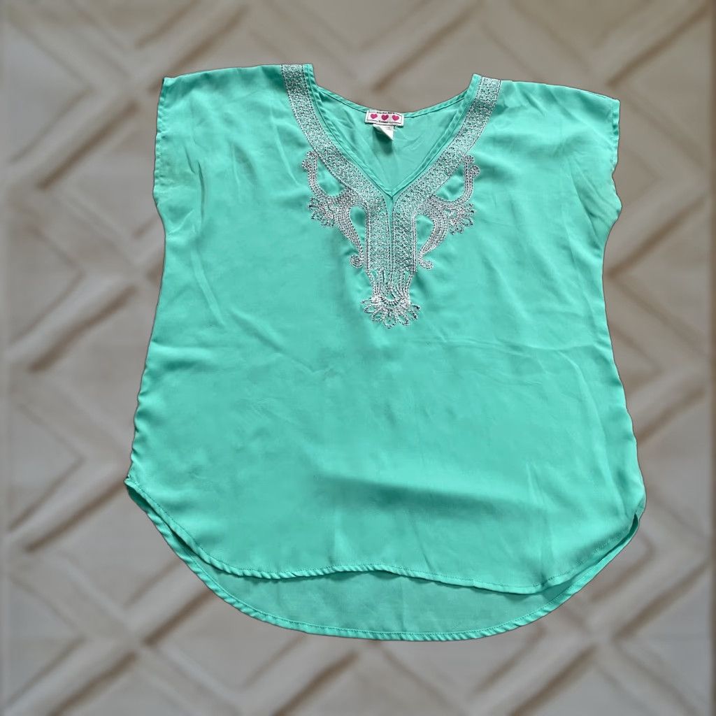 Vintage Trixxi Blouse Womens Large Mint Green Short Sleeve Embroidered V-Neck Casual Top Size L / US 10 / IT 46 - 1 Thumbnail