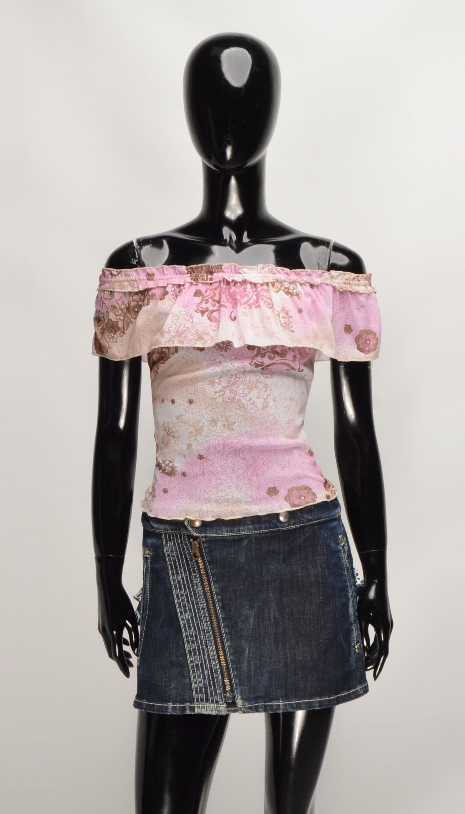 Designer Vila Y2K Cottage Fairy Mesh Printed Off Shoulders French Top Size S / US 4 / IT 40 - 1 Thumbnail