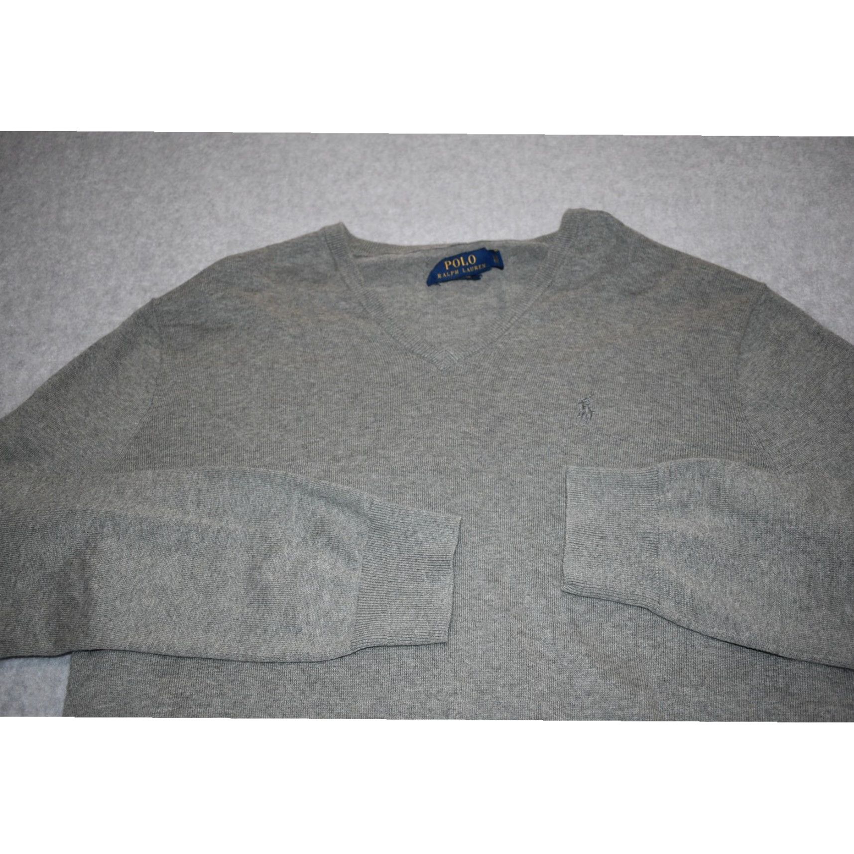 Polo Ralph Lauren Gray Cotton Sweater Large Pullover V-Neck Mens Classic Fit