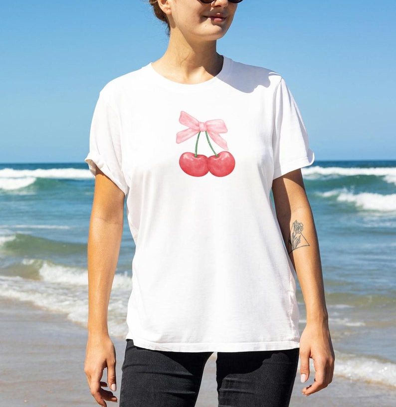 Designer Cherry Coquette Bow Shirt, Graphic Tees Women Size M / US 6-8 / IT 42-44 - 1 Thumbnail