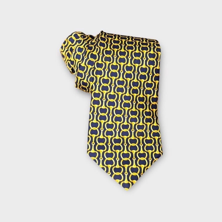Burberry Burberry Horsebit Tie Navy Blue Yellow Silk Classic Preppy A Size ONE SIZE - 1 Thumbnail