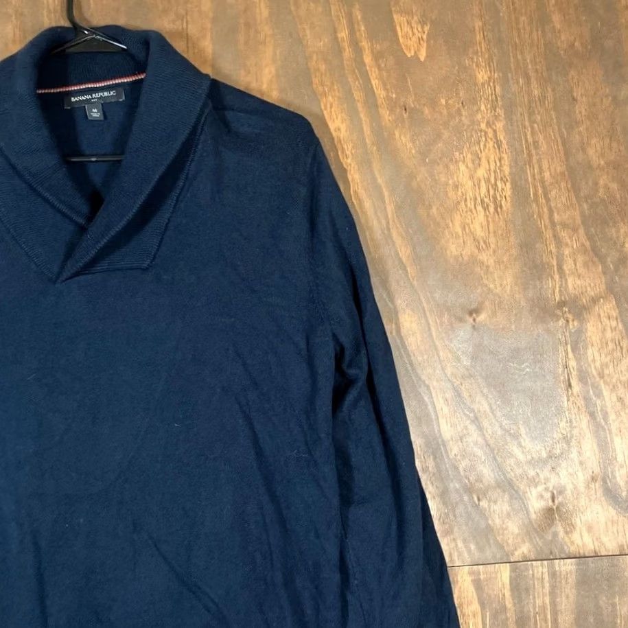 Banana Republic Banana Republic Sweater Navy Blue Knit Shawl Neck 100% Cotton Medium Mens Regular Knit Style Pullover Size US M / EU 48-50 / 2 - 5 Thumbnail