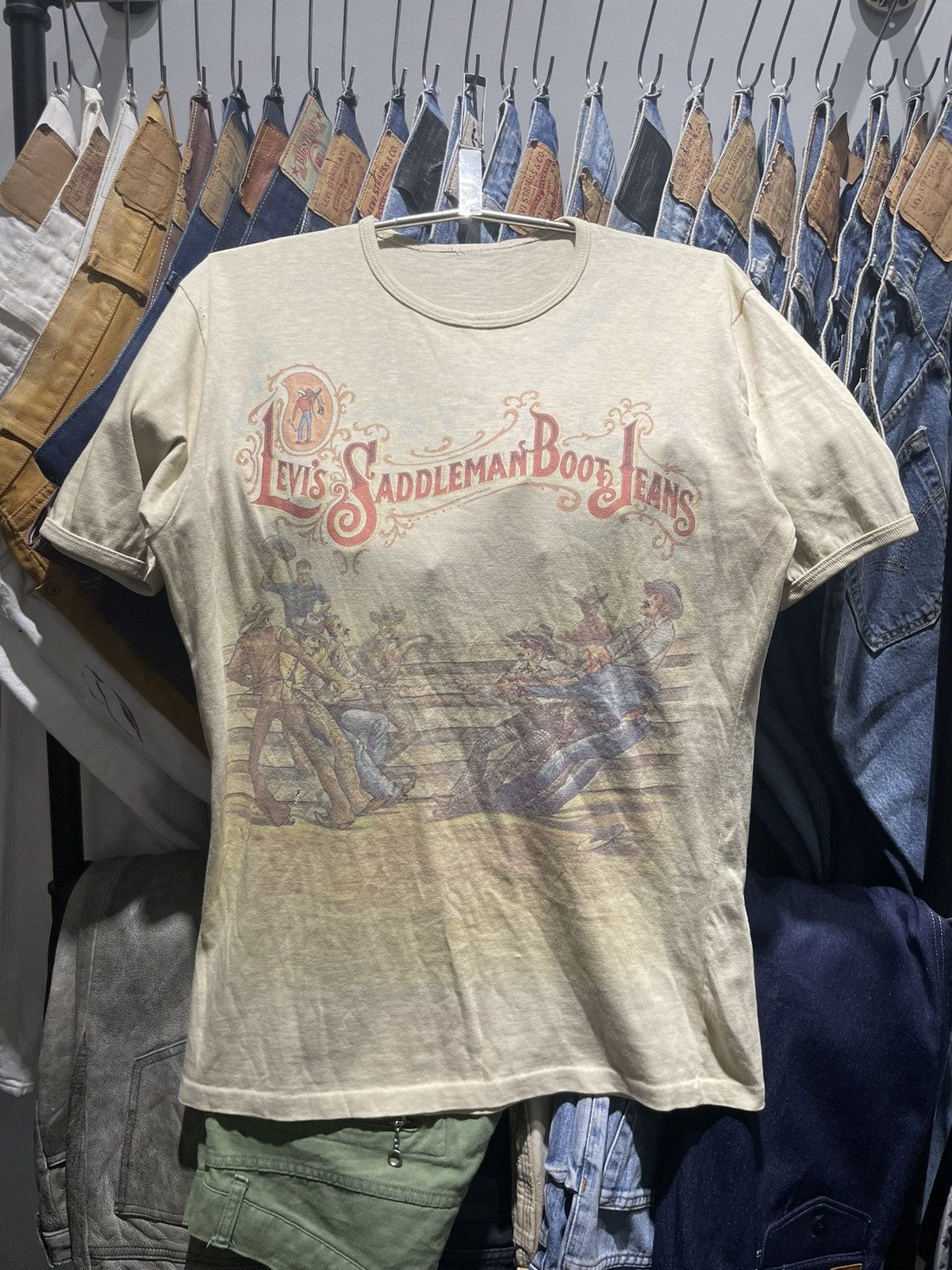 Levi's × Levi's Vintage Clothing × Vintage Vintage 70s Levis’s “Saddleman Boot Jeans” Commercial Tee Size US L / EU 52-54 / 3 - 1 Thumbnail