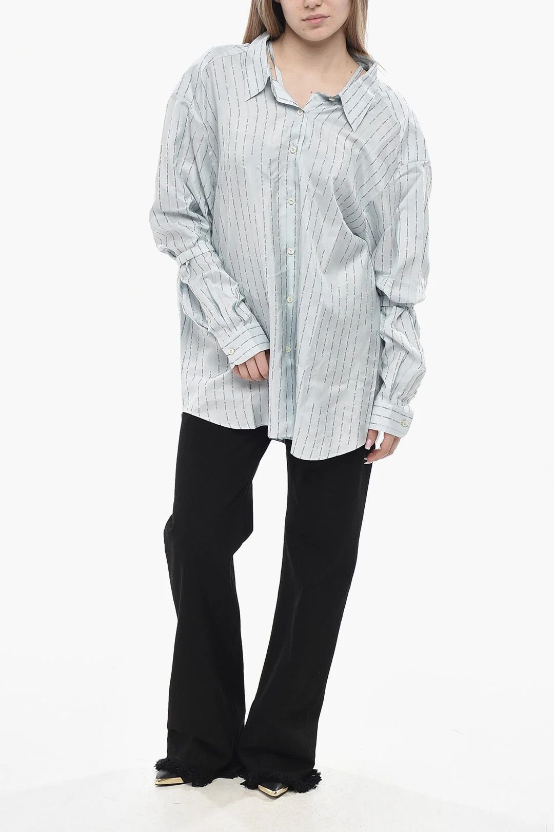 Prada og1mm0426 Monogram-Print Silk Shirt in Light Blue Size M / US 6-8 / IT 42-44 - 4 Thumbnail