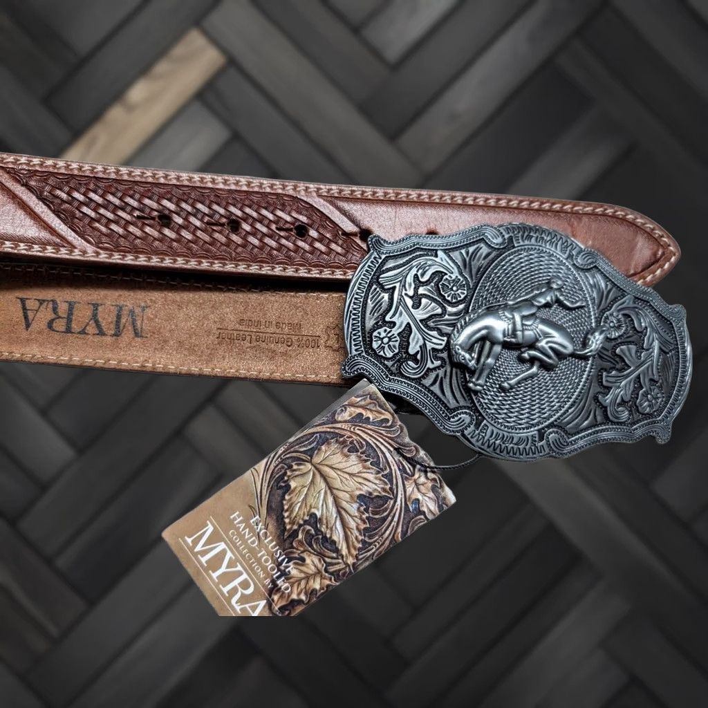 Vintage VINTAGE Myra belt Western Belt Unisex Adults 38 brown Tooled cowhide leather buckle belt 1-1/2" width Size 38 - 1 Thumbnail