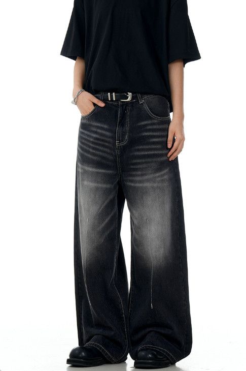 Jean Men's loose retro distressed casual wide-leg straight jeans Size US 32 / EU 48 - 3 Thumbnail