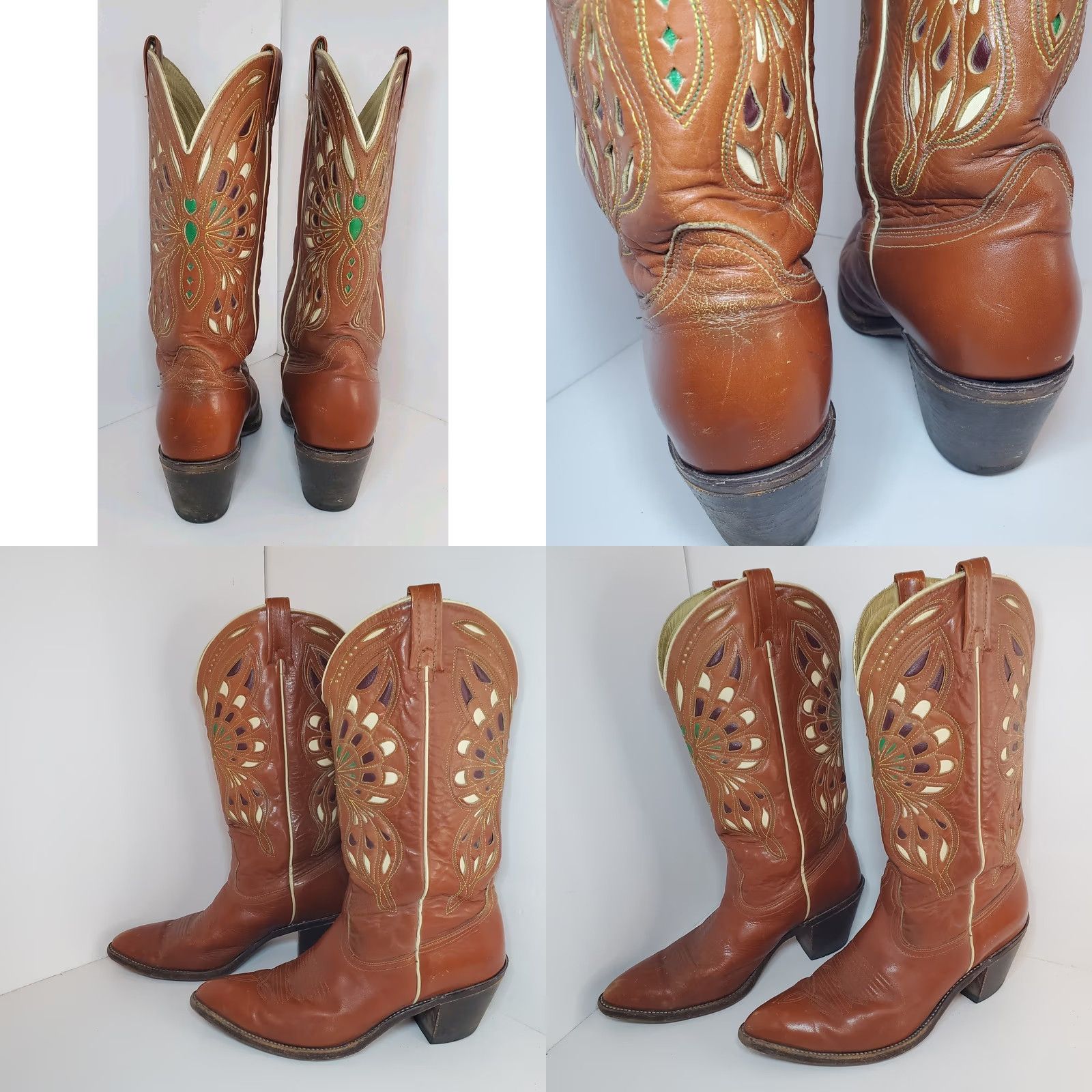 Vintage VINTAGE Acme Butterfly Inlay Brown Red Mens 9/W10.5 Cowboy Western Boots Mid-Calf Leather Pointed Toe Pull On 1950s Limited Edition Size US 9 / IT 39 - 8 Thumbnail