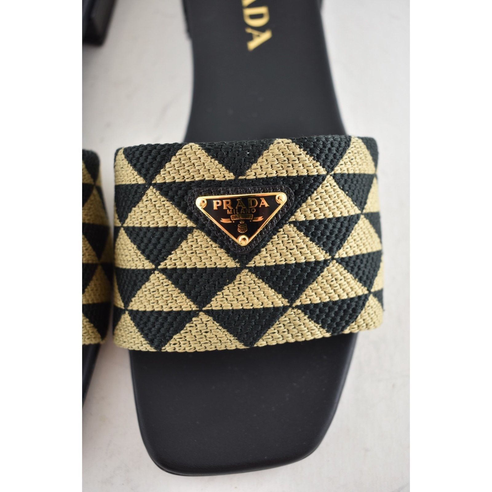 Prada Prada Jacquard Triangle Logo Black Beige Tan Leather Slide Size US 7.5 / IT 37.5 - 11 Thumbnail