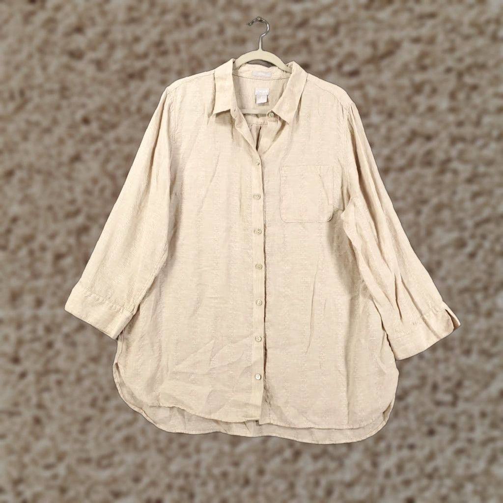 Vintage Womens Chico's Linen Button-Up Size 16 Tan Ivory XL Non-Iron Long Sleeve Casual Shirt Womens Regular Size XXL / US 16-18 / IT 52-54 - 1 Thumbnail