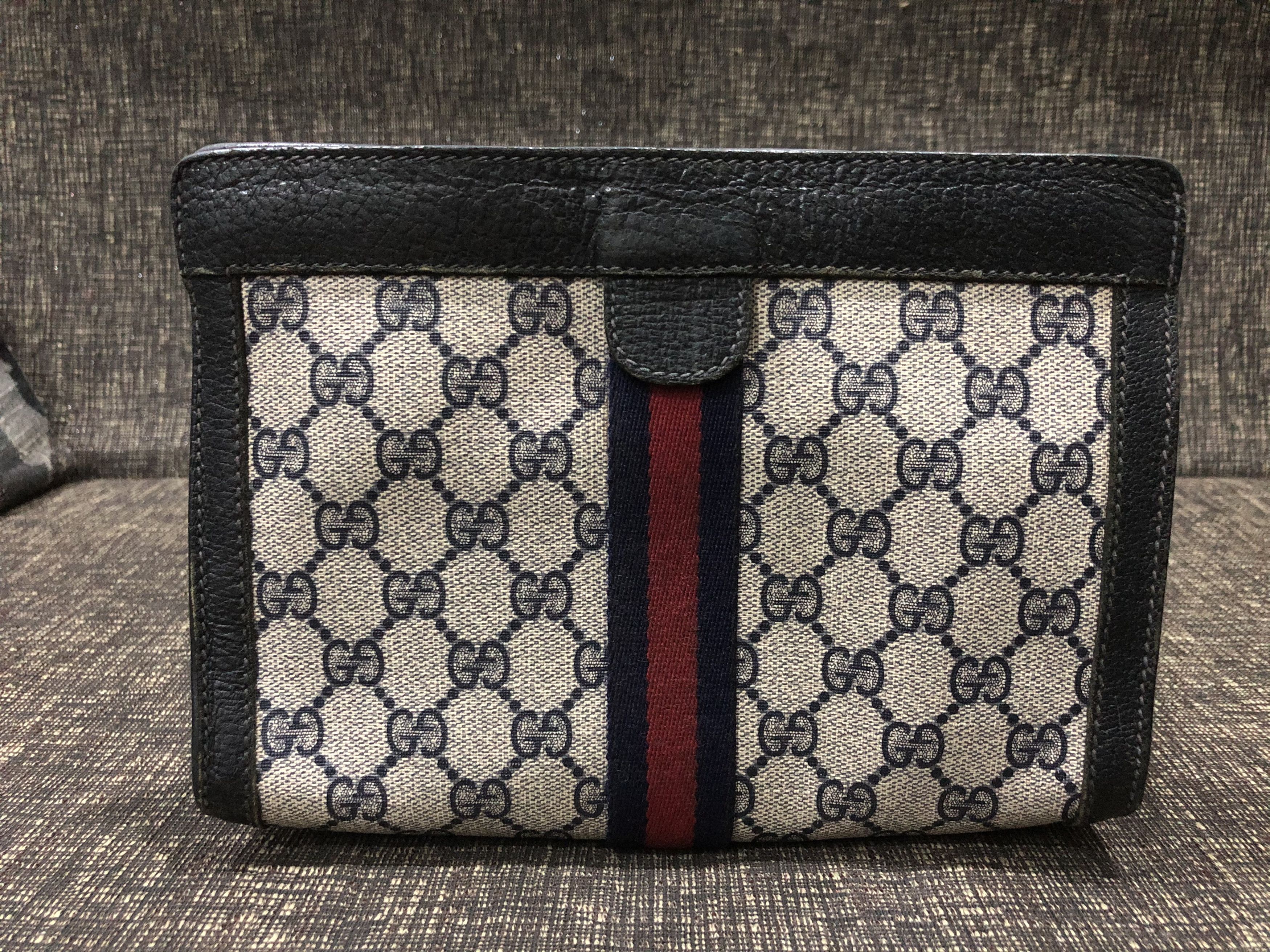 Gucci Gucci Ophidia Clutch Bag Navy Blue Leather Trim Webbing Size ONE SIZE - 1 Thumbnail