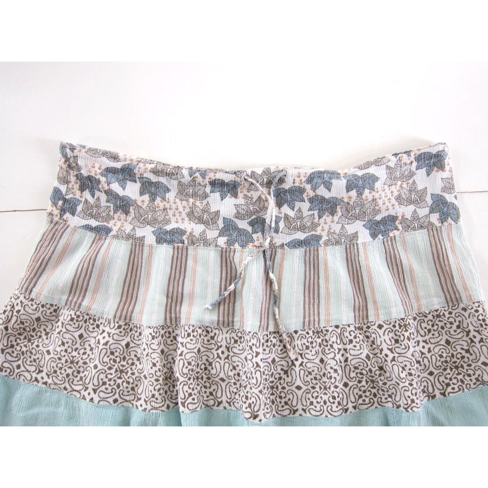 Vintage Columbia 100% Cotton Blue Brown Floral Paisley Drawstring A-Line Skirt Medium (Women) Knee Length Size 32" / US 10 / IT 46 - 3 Thumbnail