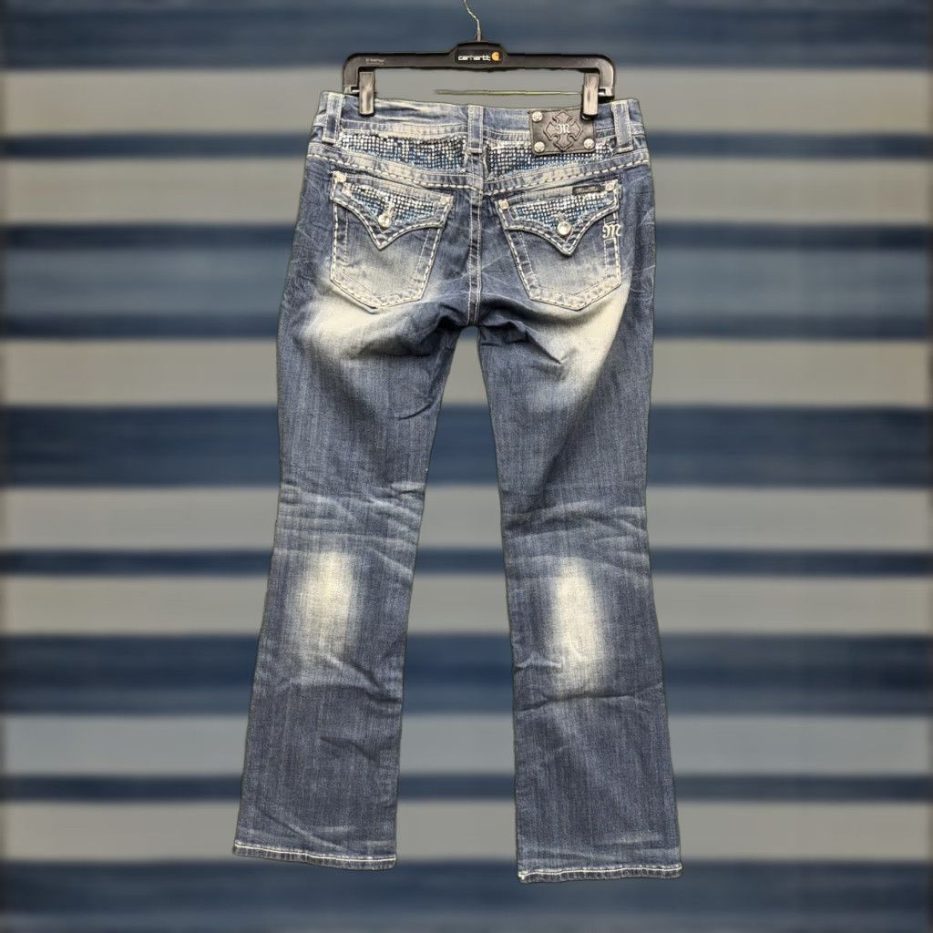Miss Me VINTAGE Miss Me Jeans Womens 29 Blue Mid Rise Easy Boot Medium Wash Studded Buckle Bling Size 29" - 1 Thumbnail