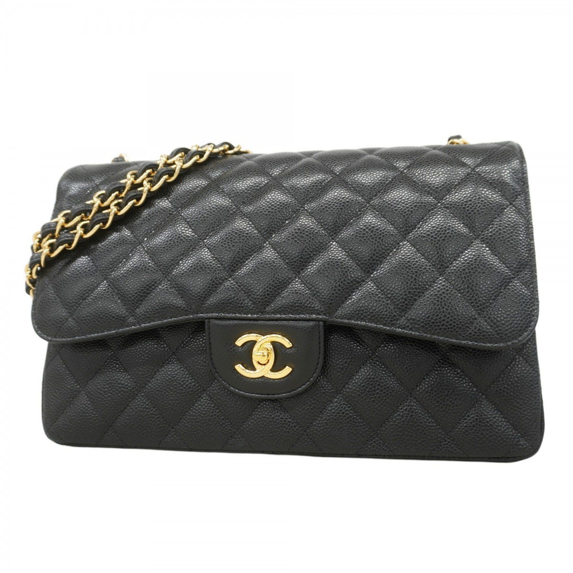 Chanel Shoulder Bag Deca Matelasse W Flap Chain Caviar Skin Black Women's