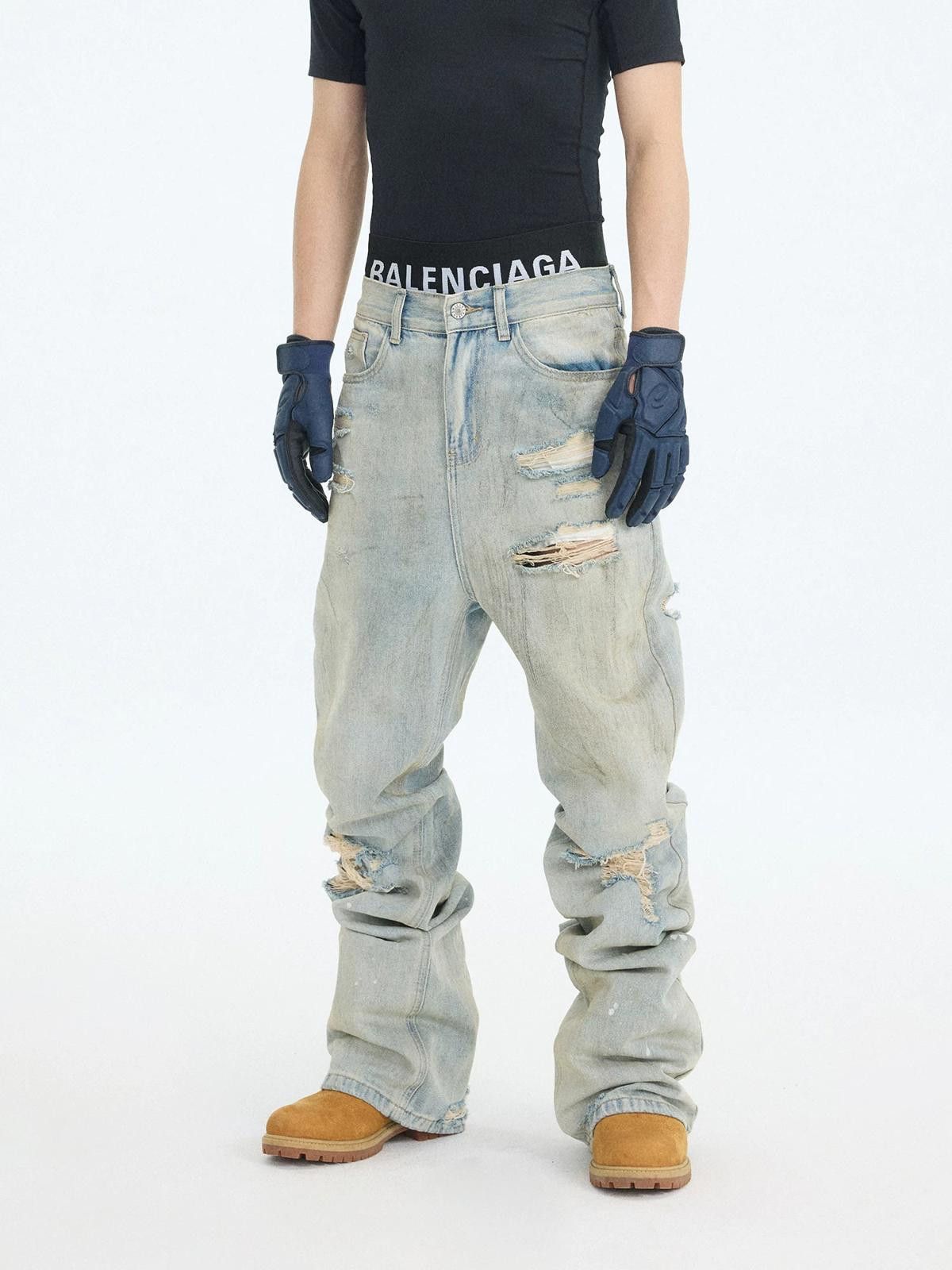 Jean Dirty Wash Ink-Splash Slim Micro-Flare Stacked Denim Jeans Size US 32 / EU 48 - 5 Thumbnail