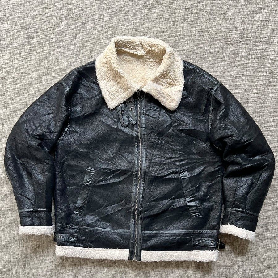 image of Leather Jacket x Vintage Black Sherpa Jacket, Men's (Size Medium)