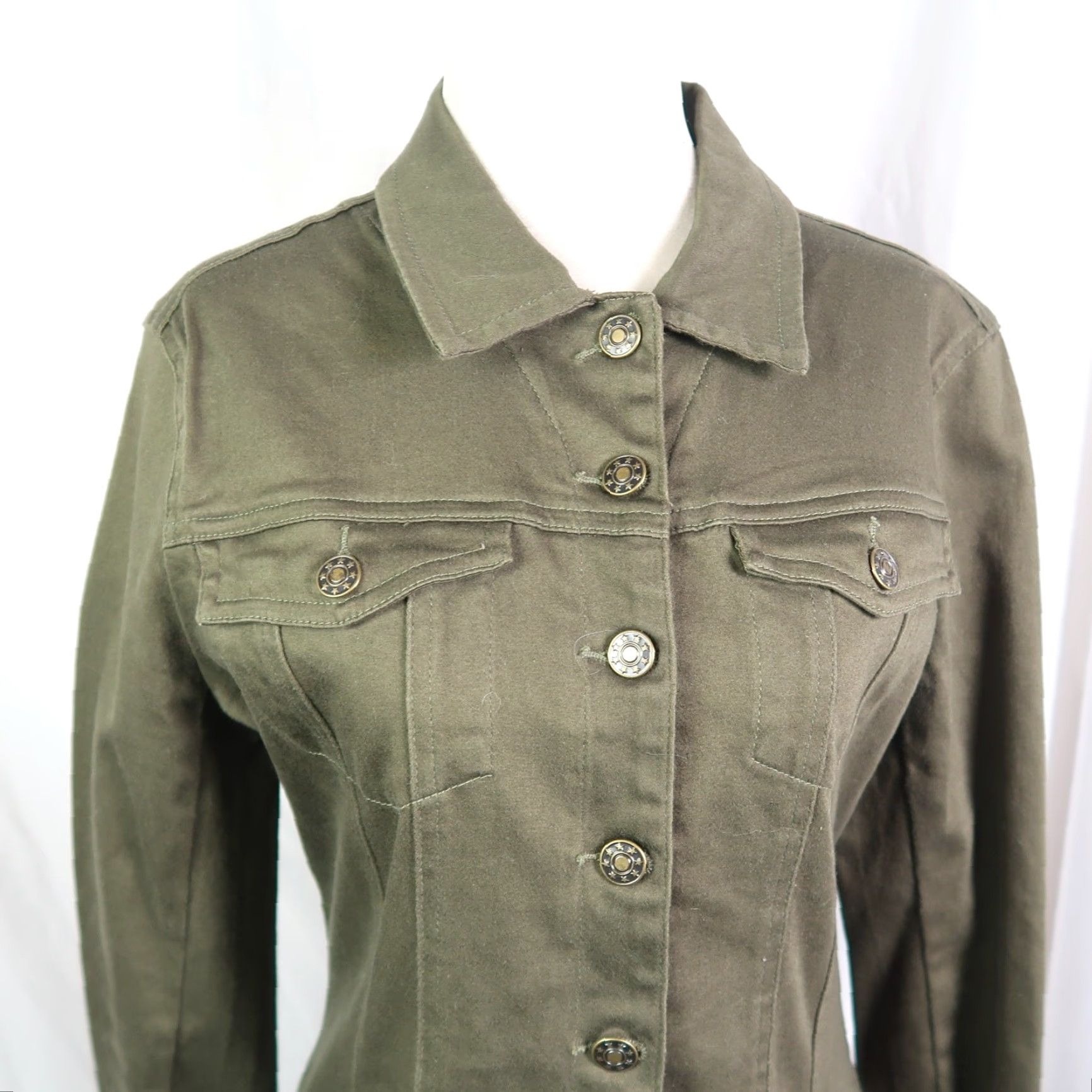 Olive VINTAGE Live A Little Denim Jacket M Olive Green Jacket Womens Short Cotton Solid Long Sleeve Casual 2000s Y2K Button Front Size M / US 6-8 / IT 42-44 - 2 Thumbnail