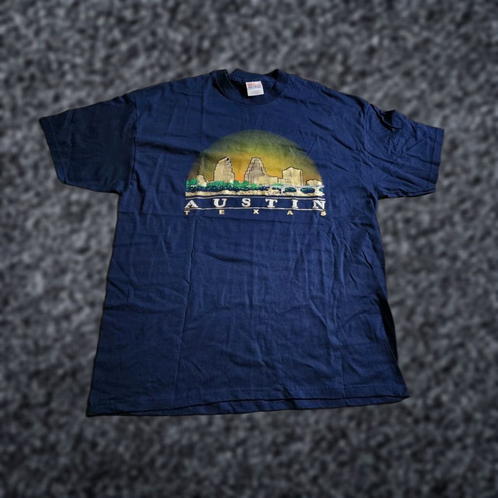 Hanes VINTAGE Austin Texas Skyline Gold Foil Travel Destination T Shirt Mens XL Blue 90s Size US XL / EU 56 / 4 - 1 Thumbnail