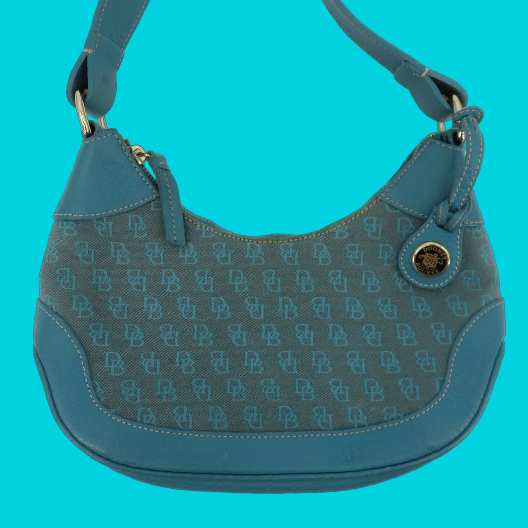 Dooney & Bourke VINTAGE Dooney & Bourke Signature DB Logo Jacquard Hobo Shoulder Bag Blue Leather Y2K Women Adults Size ONE SIZE - 1 Thumbnail