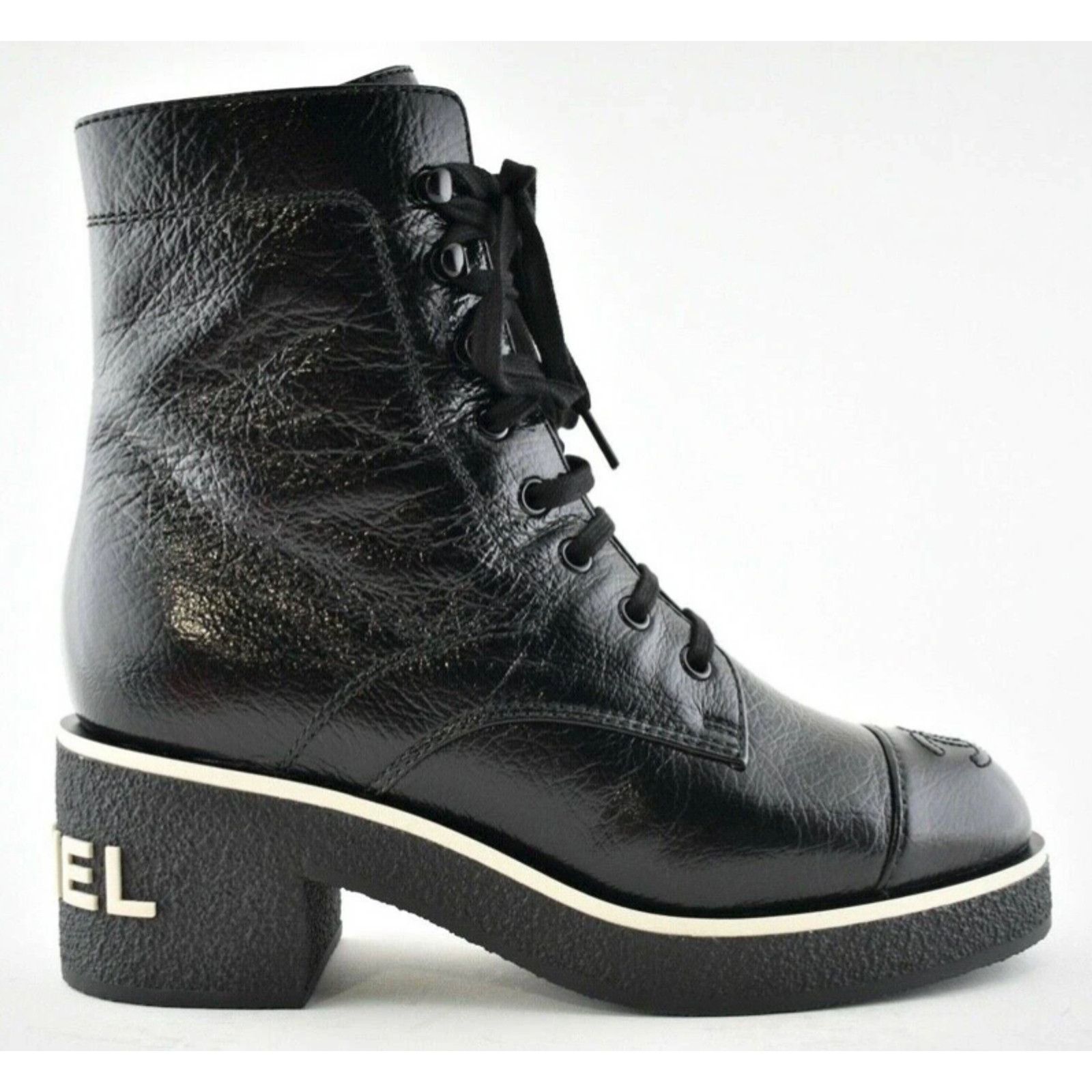 Chanel Chanel 21C Black Patent White Logo Combat Lace Up Tie Size US 10 / IT 40 - 2 Thumbnail