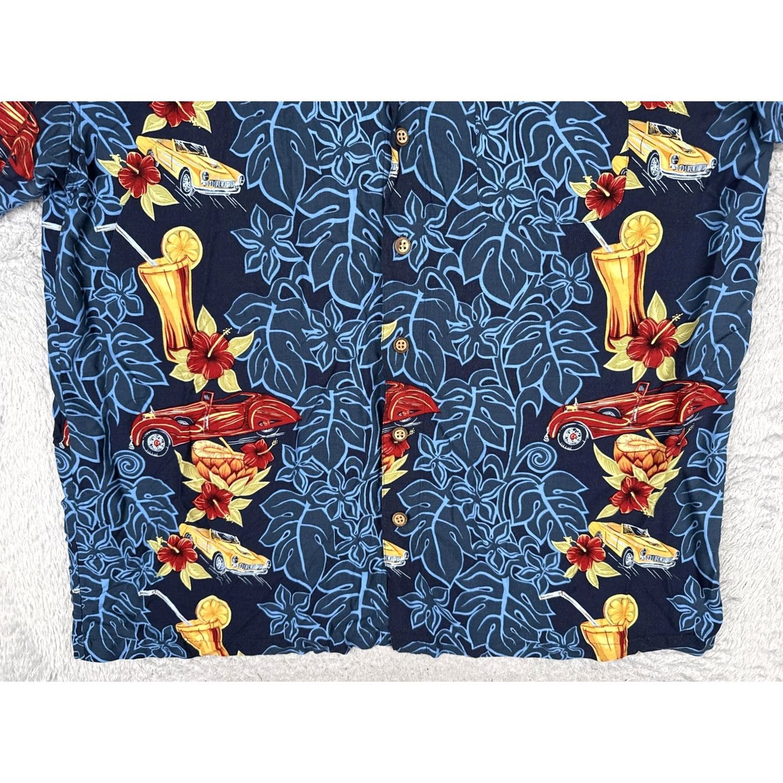 Vintage M.E Sport Shirt Mens 2XLT Blue Short Sleeve Button Up Hawaiian Cars Cocktail Hibiscus Tropical Graphic Print Casual Summer Size US XXL / EU 58 / 5 - 5 Thumbnail