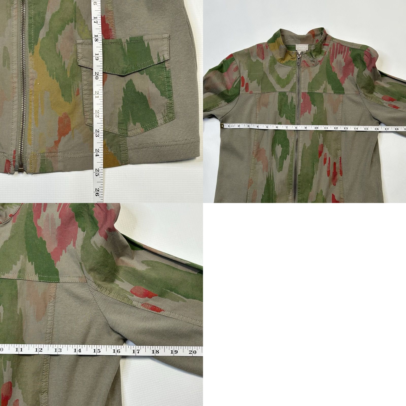 Vintage Chicos Jacket Womens S Small Green Ikat Utility Zip Up 3/4 Sleeve Zipper Front Pockets Bohemian All Seasons Size S / US 4 / IT 40 - 9 Thumbnail