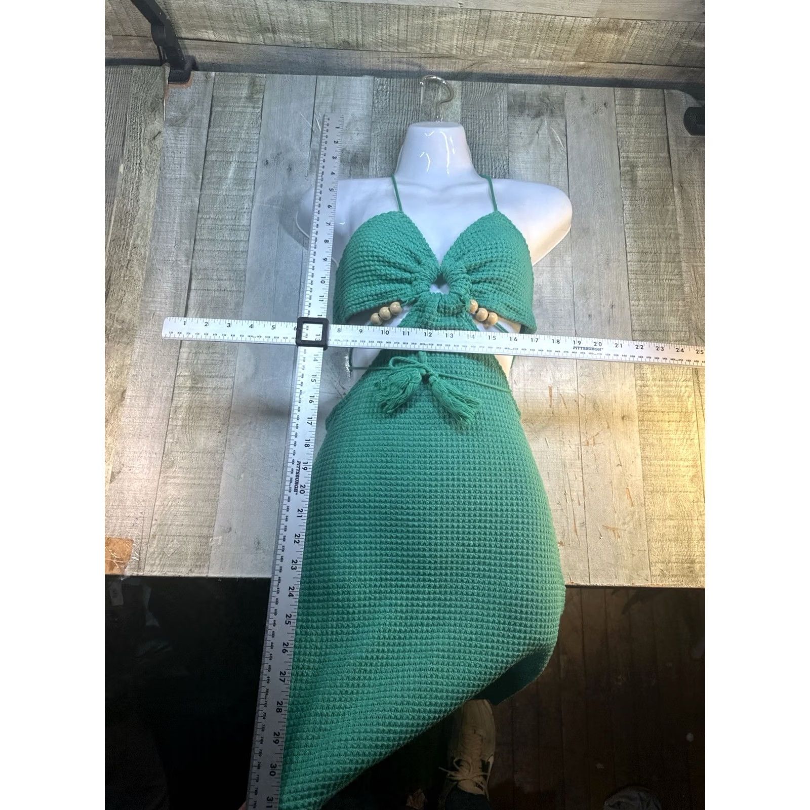 Vintage Womens Green Crochet Halter Dress Beaded Tassel Cut Out Resort XS Dress Size XS / US 0-2 / IT 36-38 - 2 Thumbnail