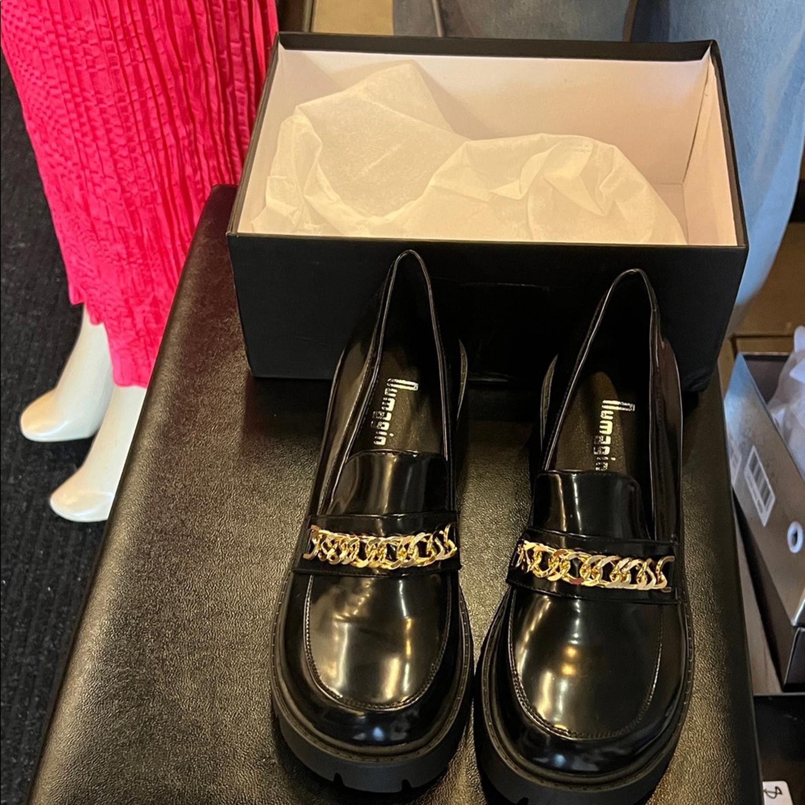 If Six Was Nine Glossy Black Loafers with Gold Chain Size US 9 / IT 39 - 1 Thumbnail