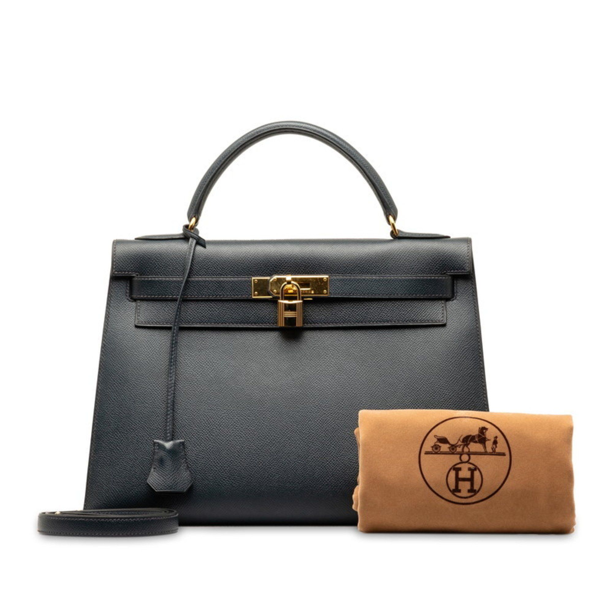 image of Hermes Kelly 32 Handbag Shoulder Bag Navy Cushvel Women's Hermes