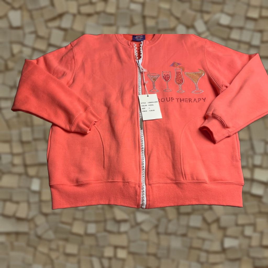 Vintage ACES Sweater Womens Large Coral Jeweled Group Therapy Drinks Full Zip Shirt Size L / US 10 / IT 46 - 1 Thumbnail