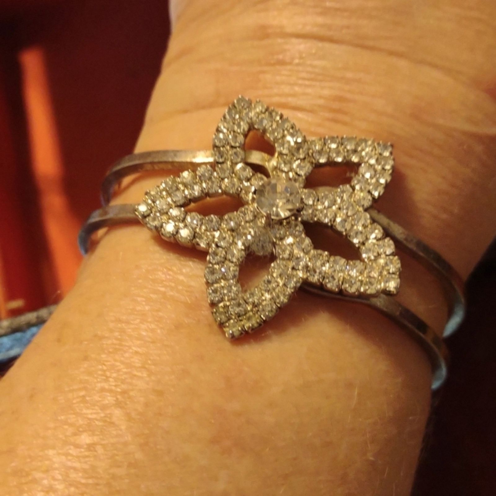 Vintage Exquisite vintage flowered rhinestone clamp bracelet~ 1950s Size ONE SIZE - 1 Thumbnail
