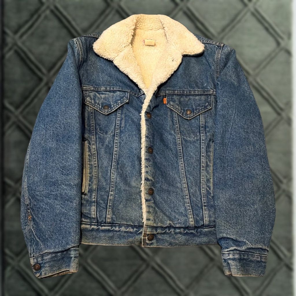 Levi's VINTAGE Levi's Orange Tab Denim Jean Sherpa Jacket L Large Mens 70s Bomber Orange Denim Jacket Size US 33 - 1 Thumbnail