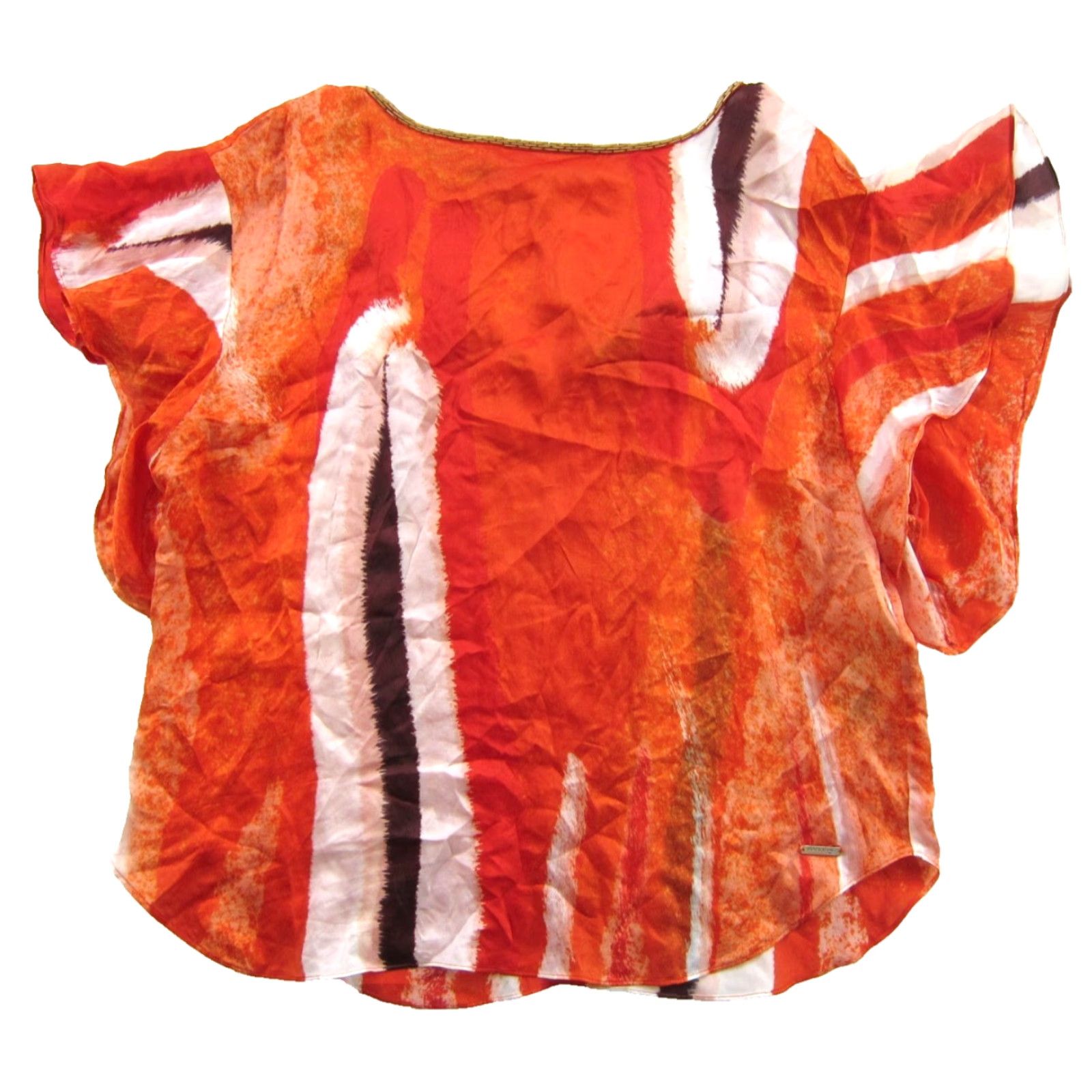 Guess GUESS Blouse Silk Orange White Brown Beaded Ruffle Cap Sleeve XL 100% Silk Women Size XL / US 12-14 / IT 48-50 - 3 Thumbnail