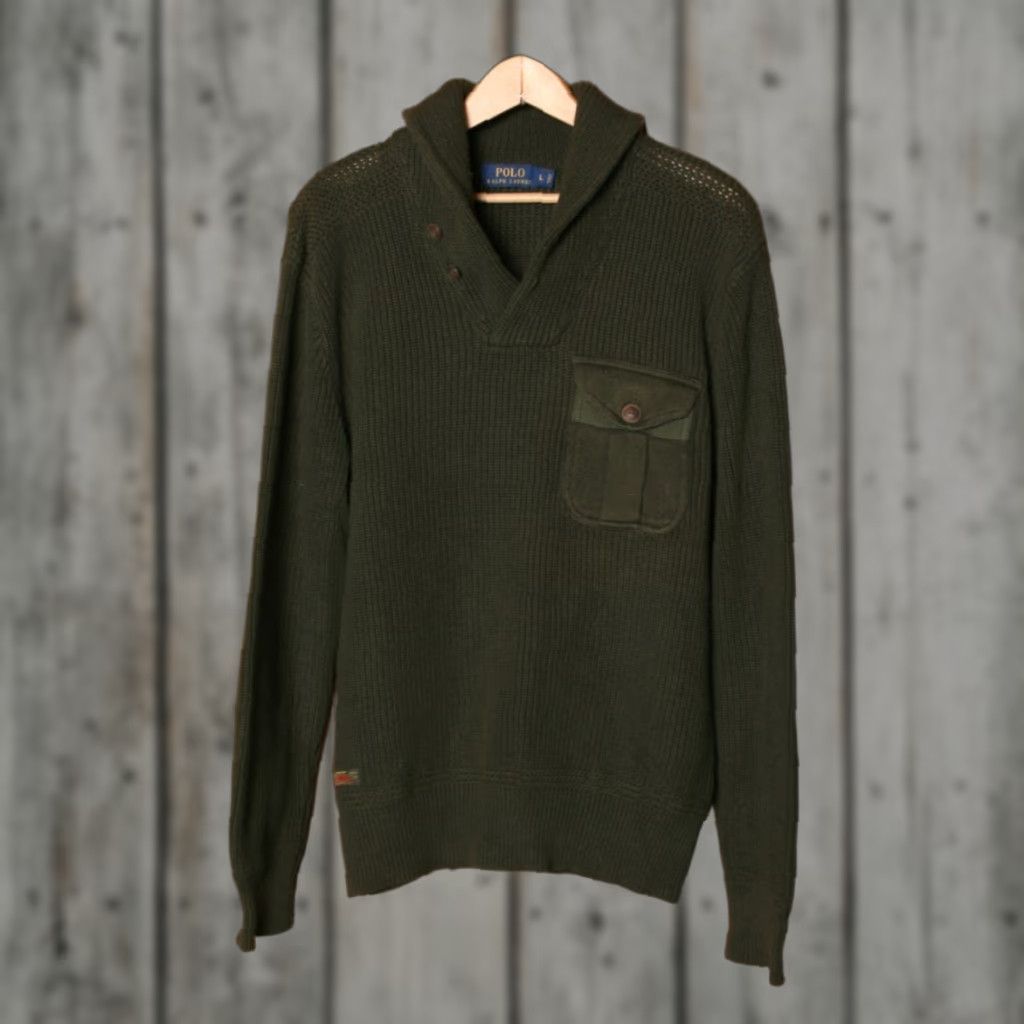 Polo Ralph Lauren VINTAGE Polo Ralph Lauren Green Rib Knit Rugby Military Shawl Collar Sweater Men's Sz. L Size US L / EU 52-54 / 3 - 1 Thumbnail